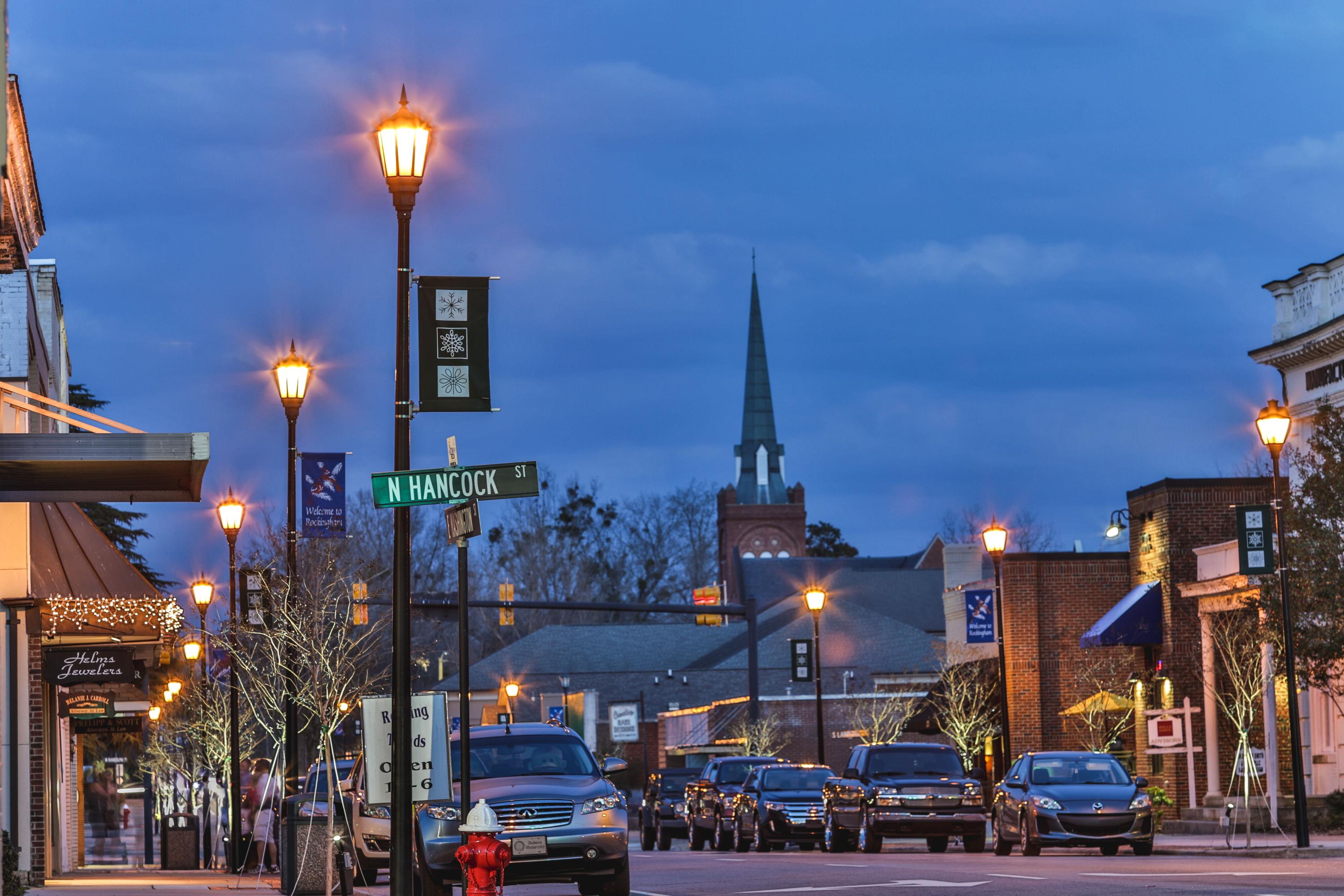 Downtown Rockingham at night